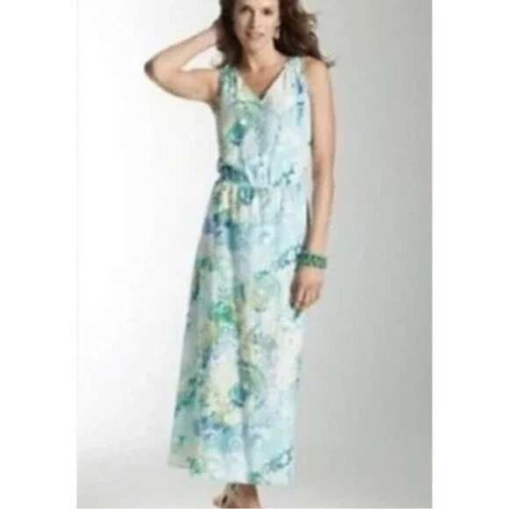 J. Jill Sleeveless Pacific Blue Green Watercolor Silk Blend Maxi Dress S Petite